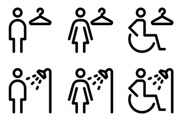 Shower and changing rooms line icon set