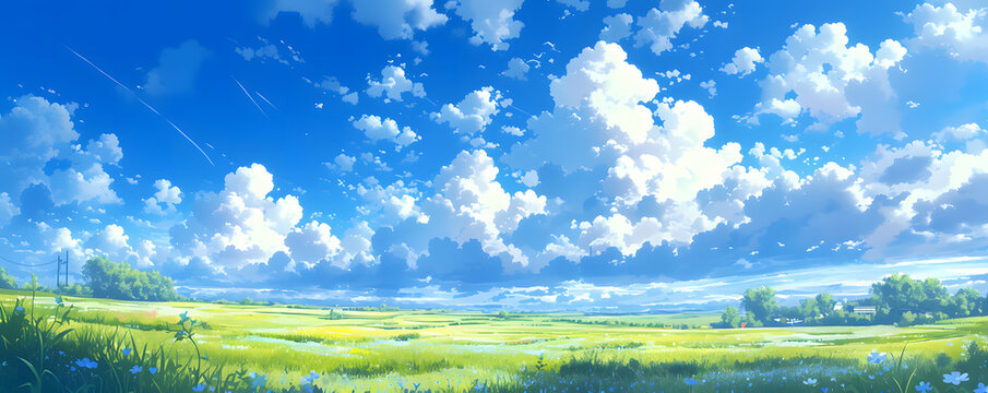 Fototapeta Beautiful grassy fields under a summer blue sky with fluffy white clouds blowing in the wind. Wide format image captures the sky behind a green field, creating a serene landscape of anime backgrounds.