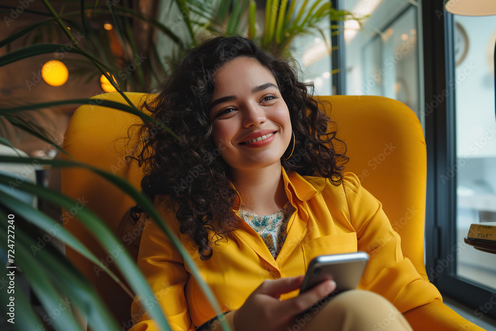 Wall mural beautiful latin woman holding smartphone and sitting in an office