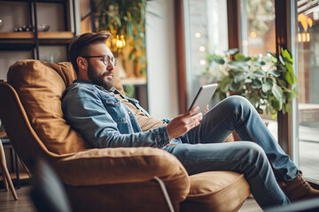 Photo man relaxing at home he is sitting on the armchair and connecting with his digital tablet contemporary