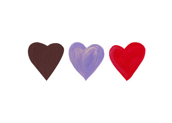Three hearts made of brown, lavender and scarlet paint. Set of handmade textures. Acrylic elements