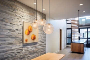 foyer with a stone accent wall and modern lighting fixtures