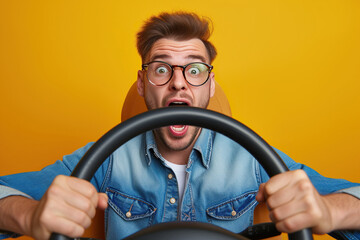 Shocked guy buy new car impressed fast speed control steering wheel isolated on vibrant color...