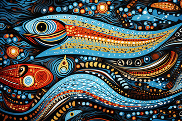 Australian aboriginal seamless pattern with fish