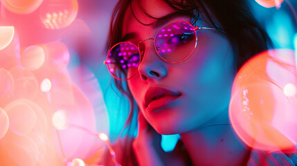 a woman posing with neon lights in front of her, Generative AI