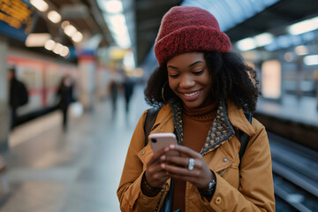 Happy African American woman texting on smart phone at train station