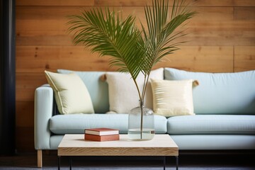 an areca palm positioned next to a modern sofa