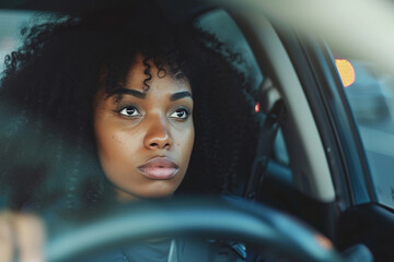 Emotional African American woman driving a car, had an accident. Sad driver stuck in traffic.