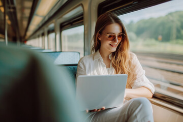 Smiling female entrepreneur surfing the net on laptop while traveling by train