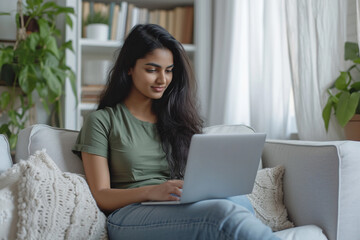 Young Indian woman wearing jeans and green t-shirt sitting working in laptop in white home office - obrazy, fototapety, plakaty