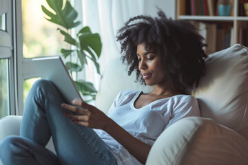 Photo African American woman relaxing at home she is sitting on the armchair and connecting with her digital tablet contemporary design interior