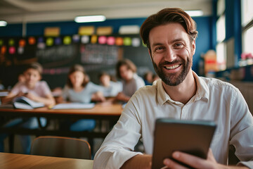 Fototapeta premium Happy high school teacher using digital tablet and looking at camera