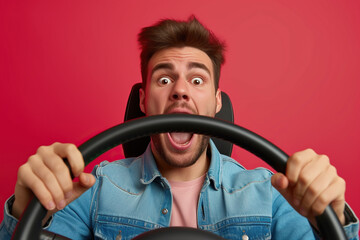 Shocked guy buy new car impressed fast speed control steering wheel isolated on vibrant color...