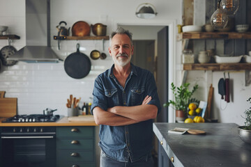 Mature man standing in his home kitchen, ready for DIY renovation work - obrazy, fototapety, plakaty
