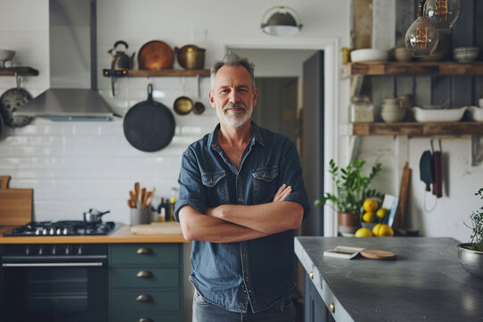 Mature man standing in his home kitchen, ready for DIY renovation work