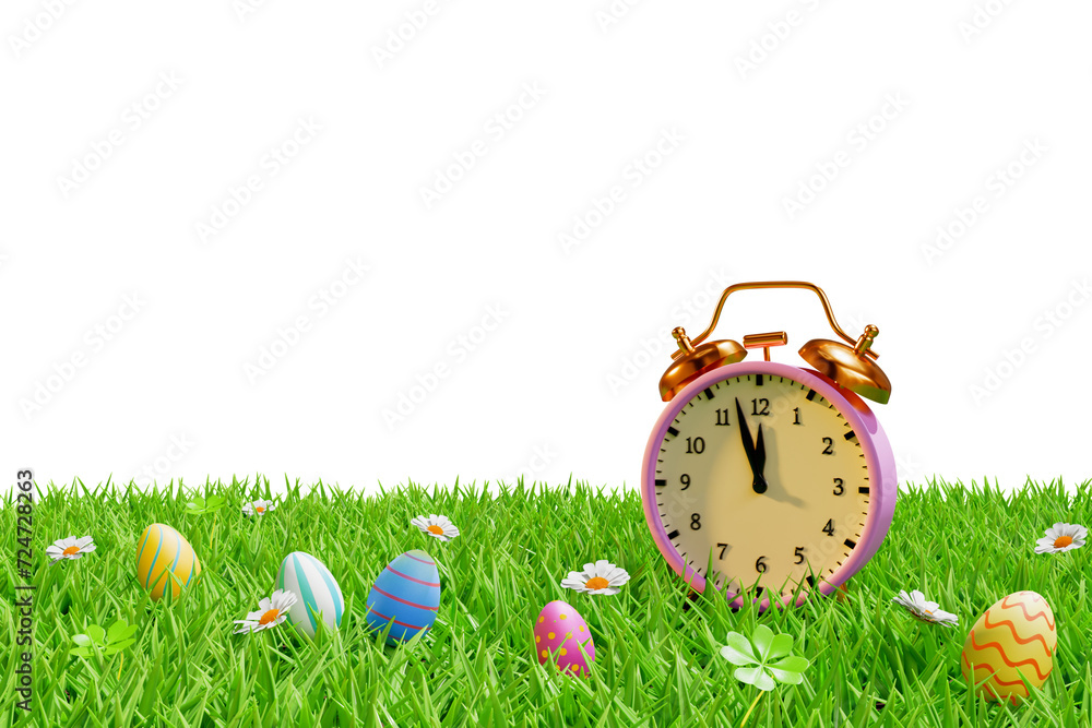 Poster Alarm clock with Easter eggs on a meadow in the grass. 3d rendering