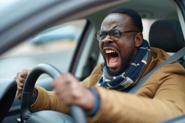 Emotional man feeling extremely furious while driving near crazy dangerous driver - obrazy, fototapety, plakaty
