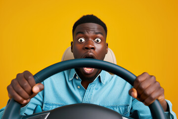 Photo of shocked African American guy buy new car impressed fast speed control steering wheel isolated on vibrant color background