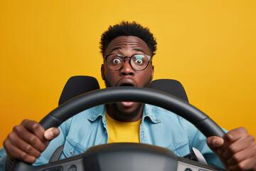 Photo of shocked African American guy buy new car impressed fast speed control steering wheel isolated on vibrant color background - obrazy, fototapety, plakaty
