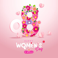 8 march women's day banner with flowers and sweet paper hearts. Promotion and shopping template for Happy womens day and Love concept. Vector illustration