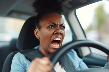 Emotional woman feeling extremely furious while driving near crazy dangerous driver