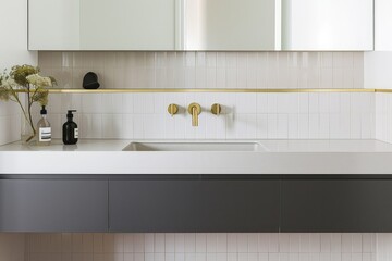 Fototapeta na wymiar A sleek bathroom with a floating vanity, tiled countertops, and brass fixtures.