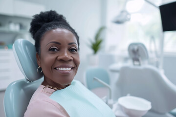 Satisfied African American senior woman at dentist's office looking at camera