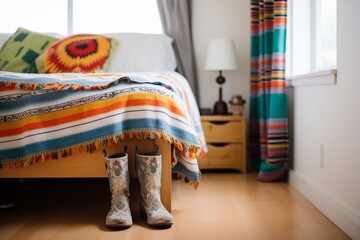 cowboy boots at bed edge, southwestern patterned throw over