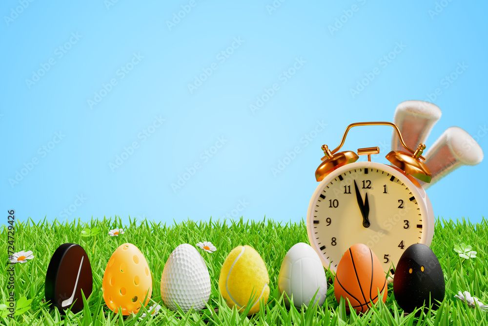 Poster happy easter. sports balls in the shape of an egg alarm clock with rabbit ears on a meadow in the gr