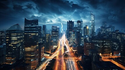 Overhead drone shot, a bustling cityscape at night, glittering lights, towering skyscrapers, traffic trails, New York City, crisp details, DJI Mavic Air 2, long - obrazy, fototapety, plakaty