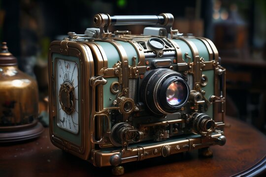 retro mechanical camera or hybrid measuring device, close-up of an object, steampunk-style concept