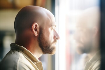 man with thinning hair looking at reflection in a window - obrazy, fototapety, plakaty