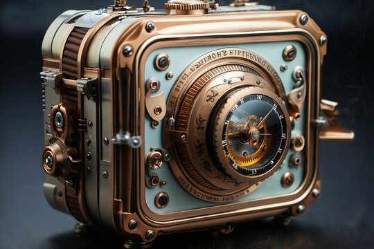 retro mechanical camera or hybrid measuring device, close-up of an object, steampunk-style concept