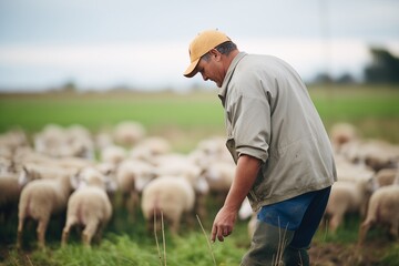 farmer counting lambs during a herd check - obrazy, fototapety, plakaty