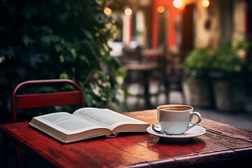 Open book and a cup of coffee on wooden table in street cafe