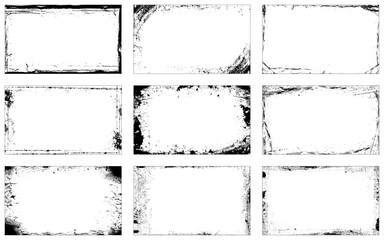 Set of 9 grunge textures border frame. Vector distress overlay textures.