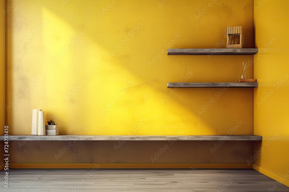 Canvas Prints Yellow wall with an empty shelf. background scene for a template. Vertical background