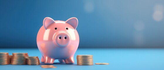 cheerful pink piggy bank next to several gold coins isolated on a blue background. Investment accumulation, financial concept - obrazy, fototapety, plakaty