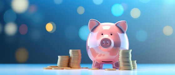cheerful pink piggy bank next to several gold coins isolated on a blue background. Investment accumulation, financial concept