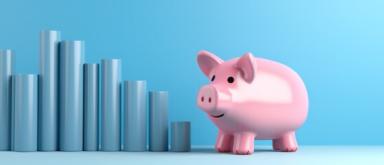 cheerful pink piggy bank next to several gold coins isolated on a blue background. Investment accumulation, financial concept