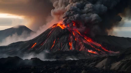 Rolgordijnen fire in the volcano natural disaster situation, Disaster aftermath landscape, Emergency response scene, Catastrophic event aftermath, Disaster recovery operation, Devastation and clean © Gohgah