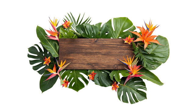 une pancarte en bois encadrée par des fleurs tropicales - espace vide pour texte - fond transparent