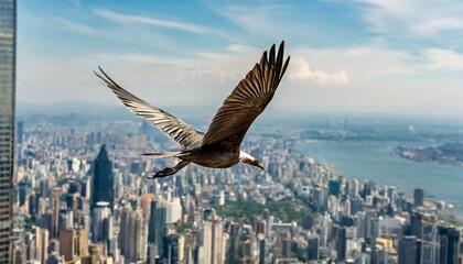 Fototapeta na wymiar Bird flying at skyscrapers background, urban landscape