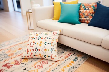 brightly patterned toss pillows sprinkled on a beige rug
