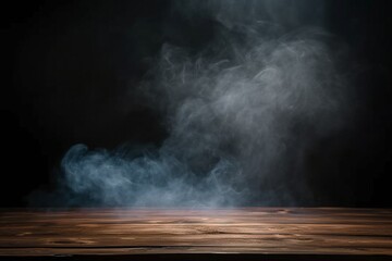 Ethereal Smoke on Wooden Table: An empty wooden table serves as the canvas for wisps of ethereal smoke floating upwards against a dark background, creating a captivating design perfect for showcasing  - obrazy, fototapety, plakaty