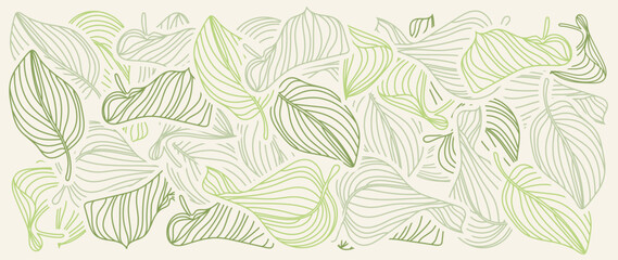 Abstract foliage botanical background vector. Beige wallpaper of tropical plants, leaf branches, palm leaves, green line art. Foliage design for banner, prints, decor, wall art, decoration