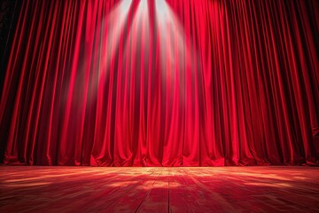 Enchanting Theater Stage: A magical theater stage adorned with rich red curtains, illuminated by a captivating show spotlight, evoking a sense of wonder and enchantment