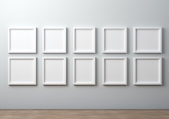 Empty white picture frames displayed against a white indoor wall, serving as a template or mock-up background.