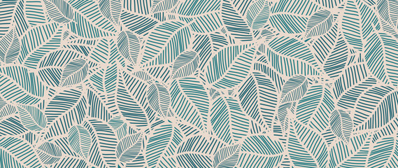Abstract foliage botanical background vector. Beige wallpaper of tropical plants, leaf branches, palm leaves, green line art. Foliage design for banner, prints, decor, wall art, decoration - obrazy, fototapety, plakaty