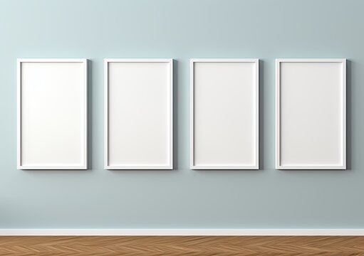 Empty white picture frames displayed against a white indoor wall, serving as a template or mock-up background.